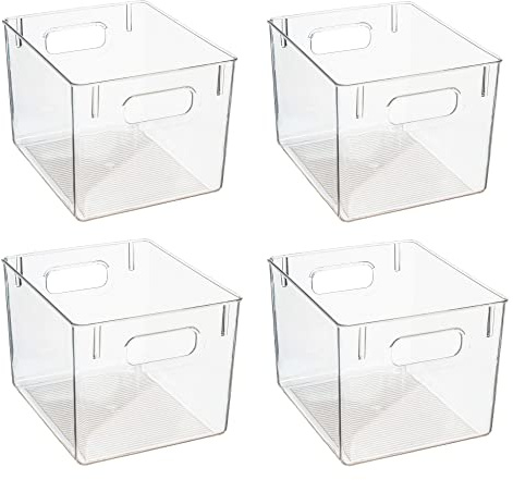 Amtido Clear Plastic Storage Bins for Fridge-Freezer, Cupboard, and Pantry Tidy - Kitchen Organiser for Food, Fruit, Vegetable, Cleaning Products & Household Items (4-Pack - Standard 19.2cm x 22cm)