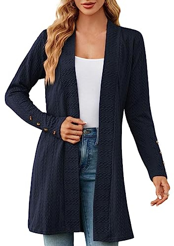 Cárdigan largo para mujer, cárdigan casual para mujer, de longitud media, color sólido, cárdigan con botones para mujer, otoño, manga larga, ligera, fina, elegante, abrigo de punto cálido, marine, XXL
