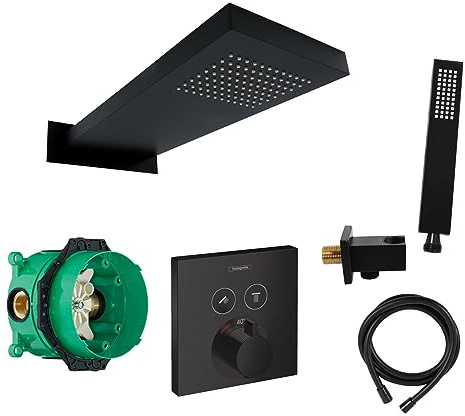 vanvilla Duschsystem Unterputz mit Duscharmatur Hansgrohe schwarz HGS46 | Duscharmatur von Hansgrohe ShowerSelect Thermostat Armatur und vanvilla Regendusche Duschkopf eckig, Dusch-SET schwarz matt