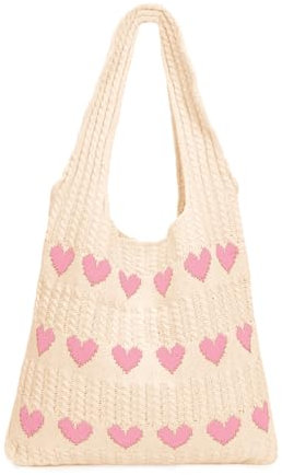 DKIIL NOIYB Gestrickte Umhängetasche Gehäkelte Einkaufstasche Herz Handtasche Hobo Bag Strick Tragetasche Häkeltasche Herz Strandtasche Tote Bag Teenager Mädchen Shopper Tasche (A8-Aprikosenpulver)
