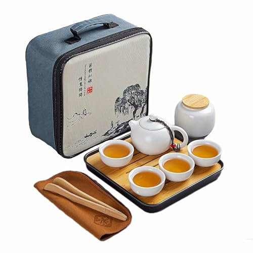 Webao Set di teiera, servizio da tè cinese Kungfu, teiera in ceramica con 4 tazze e vassoio porta tè, set da viaggio per tè sfuso, bianco