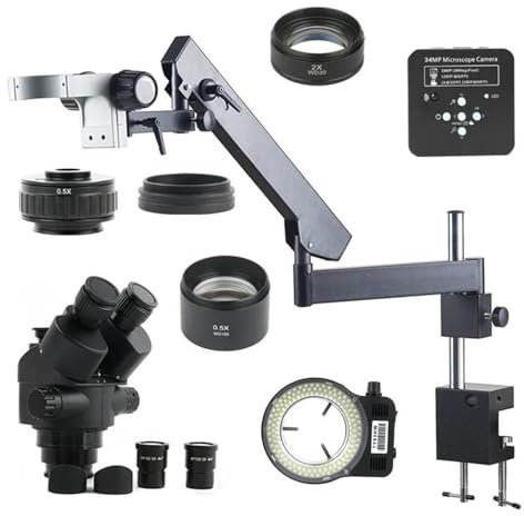 Mikroskop-Zubehör, Mikroskop-Videokamera-Set, verstellbare Richtung, Gelenkarm, Säulenklemme, 34 MP, HDMI-USB-Videokamera, 3,5 x 90 x Zoom, Simul-fokales Trinokular-Mikroskop, langlebig und