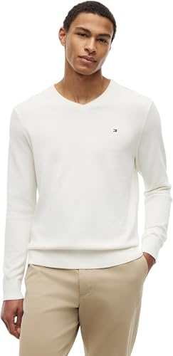 Tommy Hilfiger Jersey Hombre Essential Cotton con Cuello de Pico, Marfil (Ivory Petal), S