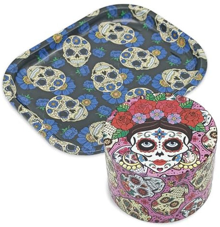 Grinder Metal XL 63mm + Bandeja Alloy Kraft | Cuchillas Ultra Afiladas con Impresión Premium 360º | Grinder Rosa 4 Piezas para Especias y Hierbas | Dibujos Calavera Mexicana (Grinder+Bandeja)