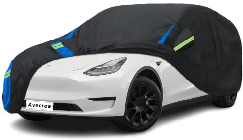 Avecrew Car Cover for Tesla Model Y, Custom Fit Full Exterior Cover with Charging Port and Breathable Ventilation Mesh, Waterproof All Weather Outdoor Rain Snow Sun Protection Cover | Oxford Fabric Waterproof Car Covers with Door Zipper and Charging Port, Rain, Snow & UV Protection for Indoor & Outdoor Use