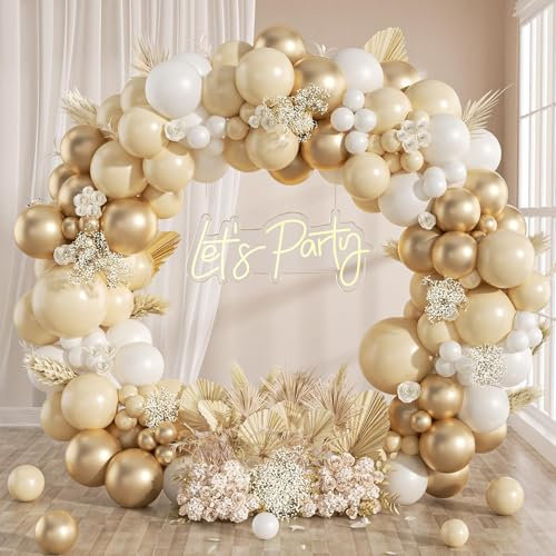White and Gold Balloon Arch Kit - 128pcs Gold and Cream Balloons Arch Kit with Beige Champagne Balloon for Birthday Party, Wedding, Engagement Decorations, New Year, Prom, Baby Shower, Graduation