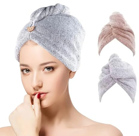 AMSGANK Handtuch Turban, 2er-Pack Mikrofaser-Haarturban mit Knopf Superweich Saugfähig Schnelltrocknend Handtuch Damen Kopfhandtuch für Lange Lockiges Nasses Alle Haartypen