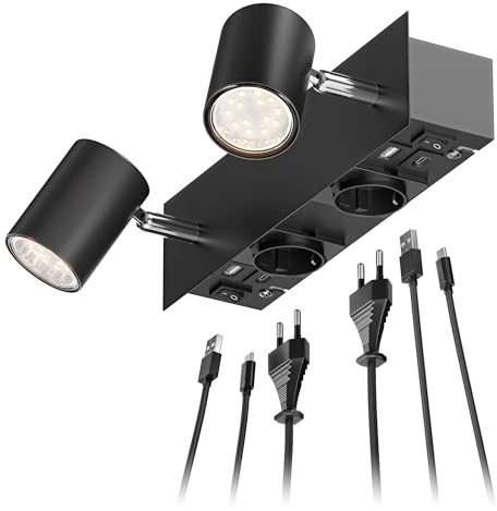 ledscom.de Wandspot WAIKA, 2-flammig, schwarz, Steckdosen, USB-C, USB-A, inkl. LED GU10 Lampen je 227lm, warmweiß