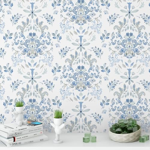 TH8098-10 Tapete zum Abziehen und Aufkleben, für Heimdekoration, Küche, blaue Wildblume, entfernbares Vinyl, selbstklebendes Regalpapier und Schubladeneinlage, Rolle, Haus, Werkstatt und Büro, 43,9 x