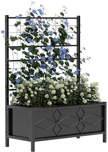 Outsunny Jardinière avec treillis, lit surélevé de jardin, jardinière extérieure - motif en losanges, trous de drainage, bac à fleurs en acier galvanisée pour balcon terrasse patio, 90x40x120 cm, noir