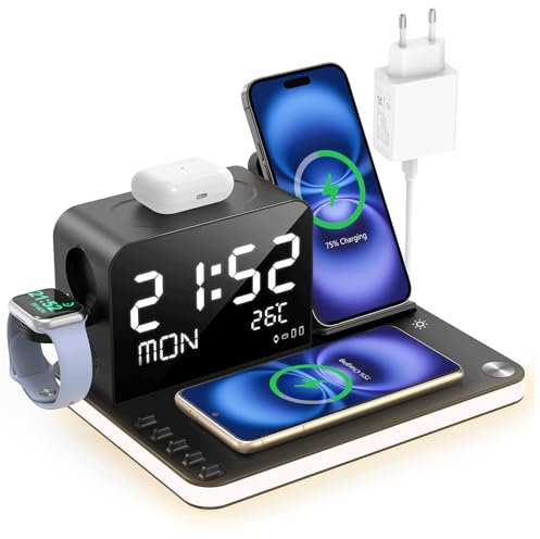 7-in-1 Wireless-Charger mit Uhr, Temperatur & Datum, kompatibel mit iPhone 17/16/15/14/13 Pro Max, AirPods & Apple Watch, kompatibel mit Samsung S25/S24, verstellbare Nachttischlampe, 33W-Adapter