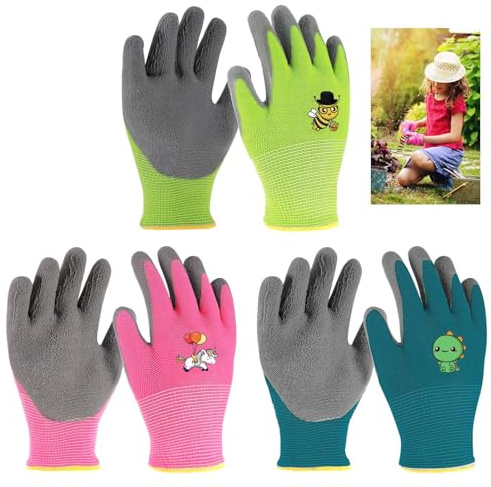 PENCHUAN 3 paia di guanti da giardinaggio per bambini 2-4 anni, guanti da lavoro per bambini con rivestimento in lattice, guanti protettivi antiscivolo, guanti da giardinaggio, ragazzi e ragazze