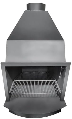 MF - Barbacoa de Leña para Interior Modelo D80 de 93 x 80 x 150 cm en Acero con Parrilla de Asado, Control de Tiro, Base Lisa y Pintura Negra Anticalórica