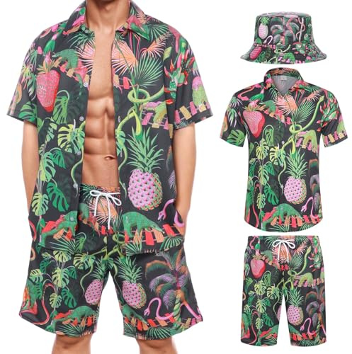 Joyesplay Chemise hawaïenne pour homme 3 pièces, tenue hawaïenne pour homme avec chemise flamant rose, short, chapeau de pêcheur, chemise hawaïenne pour homme, ensemble d'été, tenue de plage, vert, L