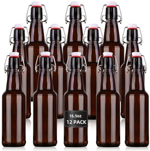 KITGLASCUP 16.5 oz 12 Pack Amber Swing Top Glass Bottles for Airtight Lids, Home Brewing and Fermentation Kombucha, Vanilla Extract, Beverage, Water, Kefir