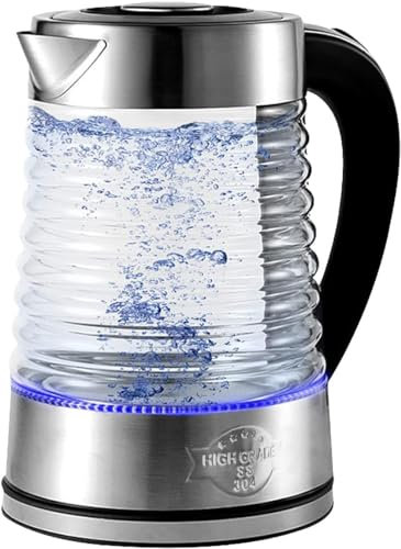 Podazz 2.2L Electric Kettle, Glass Kettle with Stainless Steel Inner Lid and Bottom, 2000 W 2.2L, Fast and Quiet Boil, Auto Shut-Off and Boil-Dry Protection, Cordless, Silver, BPA Free, LED Indicator