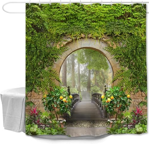 3D Outdoor Garden Landscape Shower Curtain Mould Proof Resistant Extra Wide Shower Curtains 240 x 200 cm Drop Wet Room Waterproof Washable Fabric Stone Archway Bathroom Curtains with Hooks 2359c