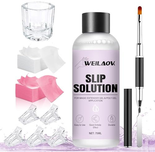 Soluzione per Acrygel, Soluzione Acrigel per Unghie, Slip Solution Acrygel | 75 ML Liquido Acrygels, Pennello Acrigel per Unghie, Tazza di Cristallo, 5 Clip per Manicure, 100 Fogli di Pulizia