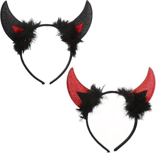 QIZHIQIAMY Teufelshörner Halloween 2 Stück Teufel Hörner Haarreif Rot Schwarz Devil Horns Teufelsohren Haarreif für Halloween Teufel Ohren Kostüm Accessoire