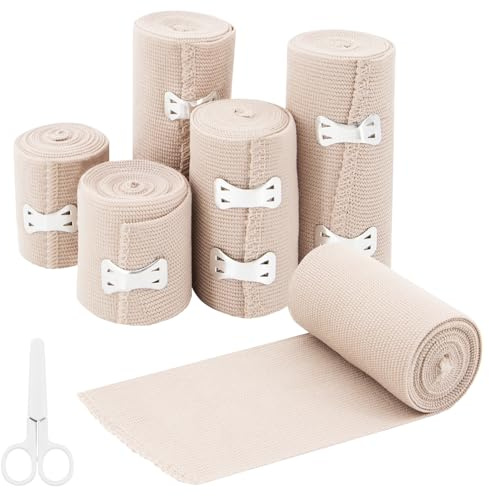 BORISCA 6 Rollen Elastische Bandage, Elastischer Verband mit Metallclips, Fixierbinde Elastische Binden Verband mit Schere, 3 Größen Elastikbinden (Hautfarbe)