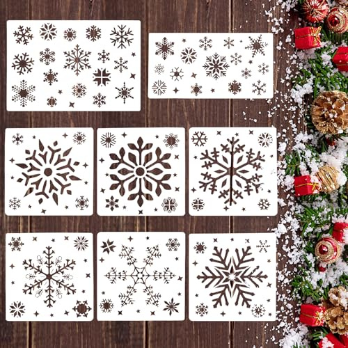 8 Stück Weihnachtsschneefalschablonen für Bastelarbeiten, Wiederverwendbare Schneefalschablonen zum Zeichnen und Malen, Große Schneefalschablonen für DIY Weihnachten Scrapbooking Winterferien-Dekorat