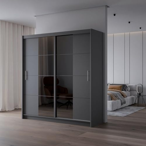 Krudox PRT 200 cm Graphit Schwebetürenschrank Mit Spiegel Breiten 200/250 cm Kleiderschrank Für Wohnzimmer Mit 2 Kleiderstangen
