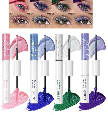 Baorder Set di 4 mascara colorati per ciglia, mascara glitterato e opaco, doppio applicatore perlato a lunga tenuta, trucco occhi per Halloween e Natale