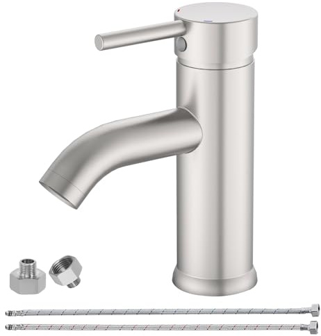 Gebürstet Nickel Wasserhahn Bad Messing Waschbecken Armaturen Mischbatterie | Einhebelmischer Mischbatterie Waschbecken mit G3/8 Schlauch & G1/2 Adapter Armatur für Bad Küche 75 mm Auslaufhöhe BATHLAVISH