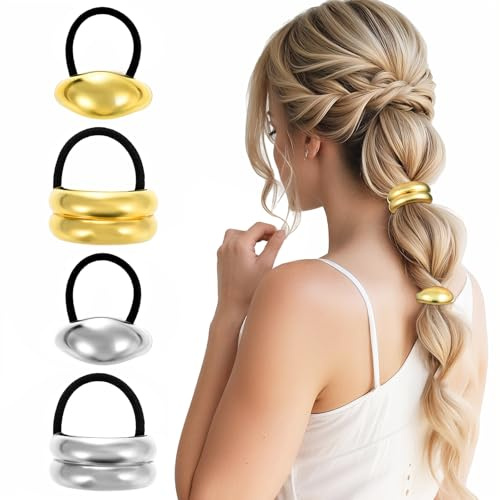 Ymapinc 4 stycken fashionabla hårsnoddar för kvinnor, elastiska scrunchies hårsnodd hästsvans hårsnoddar hållbar hästsvanshållare för kvinnor med tjockt och tunt hår (guld, silver)