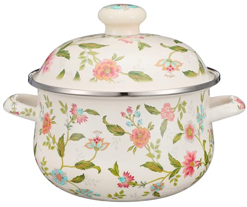 2.8 Quart Vintage Enamel Cooking Pot with Lid, Green Floral Enamelware Simmer Pot Saucepan with Dual Handles for Gas Electric Stovetop, Soup Bowl Gift for Housewarming Wedding Bridal Shower