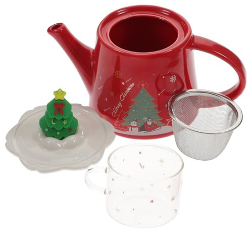 IMIKEYA Set di teiera e tazza in ceramica di Natale rossa stampa albero di Natale teiera portatile per servire il tè Fornitura fatta in casa per bevande da tè design retrò e compatto