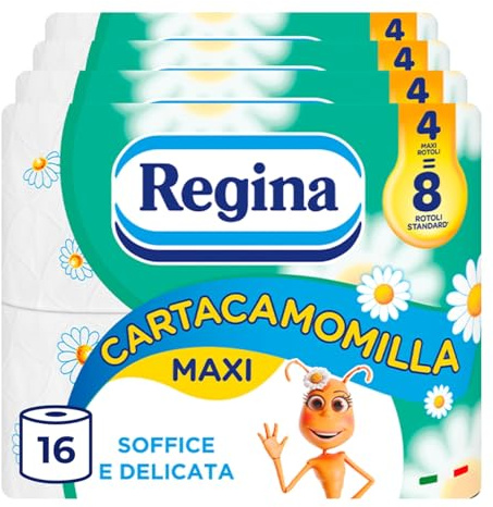 Regina Cartacamomilla, 4 Rotoli di Carta Igienica a 3 Veli | 300 Soffici Fogli, Delicata e Consistente, Profumo di Camomilla, Confezione in Carta Riciclabile, 100% Certificata FSC