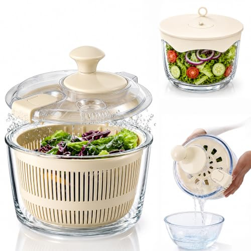 LYTYCJD Glass Salad Spinner 3.2 Qt, Small Salad Spinner, Glass Bowl, White | Removable Lid, Storage Lid, Dishwasher-Safe Glass Bowl, Fruit & Vegetable Washer Dryer, Drain Spout, Crank Handle