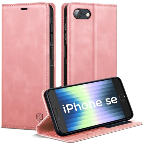 AIMOYU Handyhülle für iPhone SE 2022/SE 2020/iPhone 8/iPhone 7 Hülle, Premium Lederhülle Flip Case Magnet Tascher Kartenfach Standfunktion Klapphülle Schutzhülle für iPhone SE-Hülle, Rosa