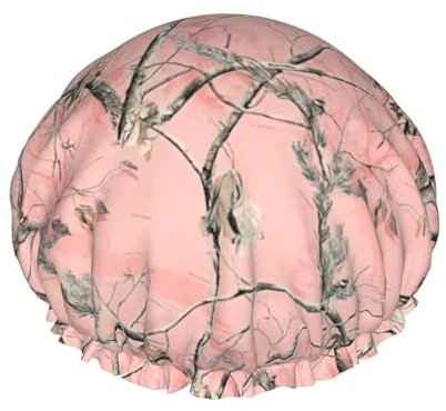 Gorro de ducha con estampado de camuflaje de hojas rosas para mujer, reutilizable, impermeable, doble capa, con correa elástica, talla única