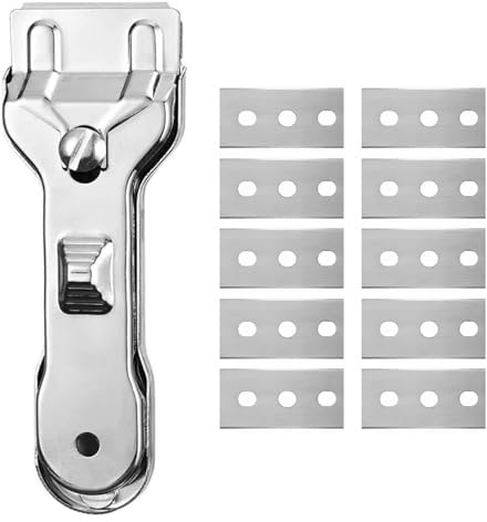 Hontaog Feldschaber Edelstahl mit 10 Ersatzklingen, Glasschaber Kochfeldschaber für Ceranfeld, Backofen, Dunstabzugshaube, Reinigungsschaber gegen Eingebranntes, Fett, Klebereste, Aufkleber