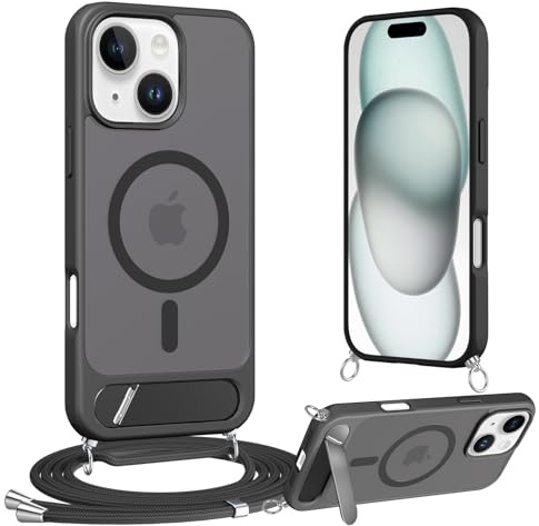 Jrkvniv Cover Magnetica per iPhone 15 6,1 Pollic con Cordino [Supporto integrato] Custodia con Laccio Tracolla Regolabile Collana, Protezione Antiurto di Livello Militare Case Traslucida Opaca, Nero