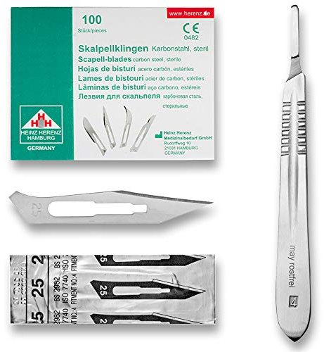 May Skalpell Set - 100 Sterile Skalpellklingen Figur 25 aus Karbonstahl, einzeln verpackt - Inkl. Edelstahl Skalpellhalter Nr. 4 - Präzisions Einwegklingen für Basteln, Modellbau & Fußpflege | Umfangreiches Zubehör für Profis. Langlebiges Messer für exakte Handwerksarbeiten.