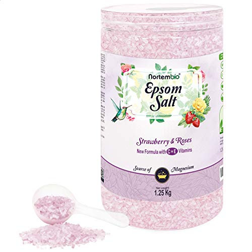 Nortembio Sali di Epsom 100% Fragranza Fragola e Rose 1,25 kg – Fonte Naturale di Magnesio | Con Vitamina C ed E Idratante | Per Bagni Rilassanti, Spa e Cura della Pelle + E-Book Gratuito