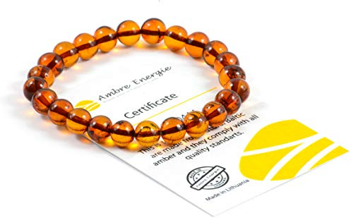 Bracelet Ambre de la Baltique pour Adultes (Hommes et Femmes) sur Bande élastique – 18 cm – Fabriqué à la Main en Ambre de la Baltique Authentique Perles (Cognac)