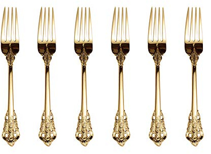 ZFQ Golden Besteck-Set Barock, Antik Look, aus 18/10 Edelstahl Spiegelpolierte, ideal für Haus, Küche, Restaurant, Hochzeit, Partys, Nachmittagstee, Tafelgabeln 6-teiliges, Länge 21cm