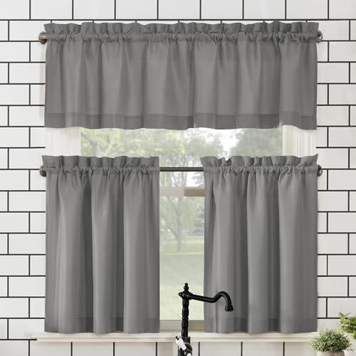 No. 918 Martine Microfiber Semi-Sheer Rod Pocket Kitchen Curtain Valance and Tiers Set, 54 x 24, Gray