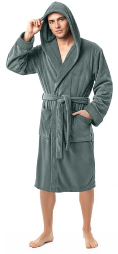 Luxury Fluffy Fleece Mens Dressing Gowns with Hood Housecoat Bath Robe | Hooded bathrobe with adjustable belt made from soft fleece for cozy comfort and perfect for lounging.
