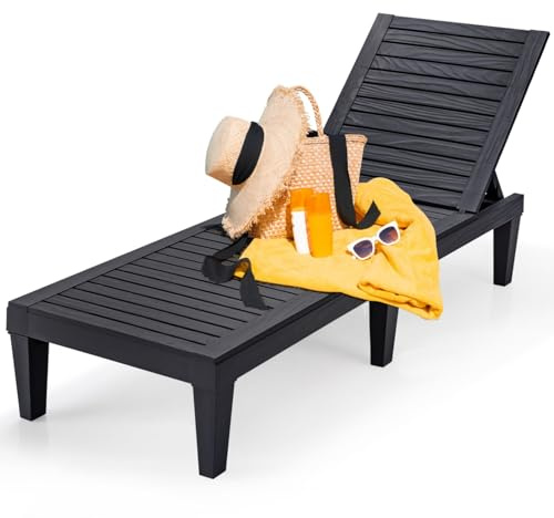 GYMAX Tumbona de Jardín con Respaldo Ajustable de 5 Posiciones, de Plástico, Soporta hasta 180 kg, con 6 Patas de Apoyo, Resistente a la Intemperie, para Jardín, Terraza, Balcón, Playa (Negro)