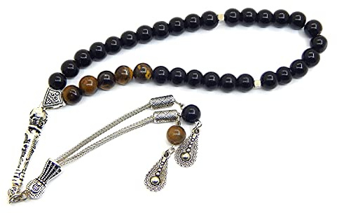 Perlin Gebetskette Tesbih Tasbih Tespih Misbaha Subha 33 Perlen Onyx Tigerauge Naturstein 8 mm Kugel Schwarz Osmanische Gebetskette mit Versilbertem Imame 925 Prägung 30 cm Muslimischer Rosenkranz