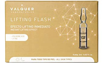Flash de levage des ampoules faciales de Valquer Laboratorios. Sérum Visage. Effet lifting immédiat. Tous types de peau. Avec de l'acide hyaluronique. Anti-rides - 5 Unités X 2 Ml