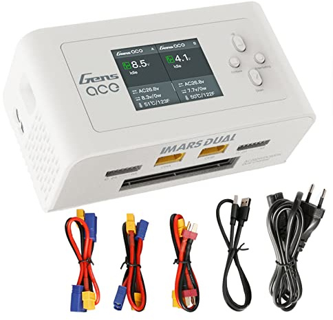 GensAce Ladegerät Imars Dual Channel AC200W/DC300Wx2 Balance Akkupack Ladegerät für Akku,mit Deans T XT60 EC3 EC5 Stecker für RC Akku Batterien(Weiße Farbe)