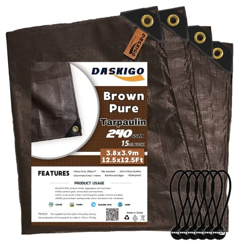 DASKIGO 4 x 4 M Heavy Duty 240GSM Brown Pure Extra Reinforced Tarpaulin Waterproof Sheet & 6 Pcs Bungee Balls