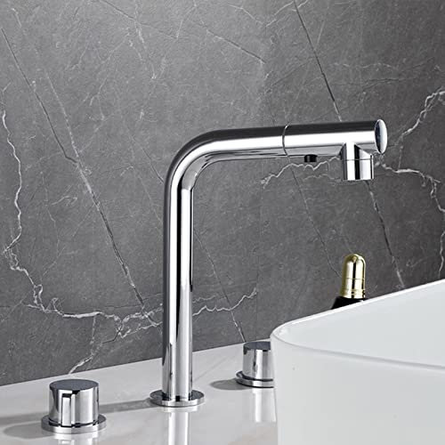 Rubinetto Bagno con Doccetta Estraibile Miscelatori con Doccetta a 2 Modalità Rubinetti Bagno Tre Fori Rubinetto Lavabo Miscelatore Cromo,Alto