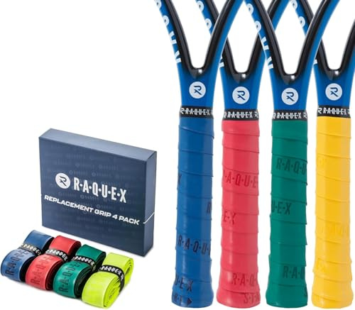 Raquex - Nastro Grip di Ricambio in PU, per Racchette da Tennis, Squash, Badminton, Set da 4. Grip Adesivo per Racchette. Confezione Regalo in cartoncino riciclabile (Blu, Rosso, Verde, Giallo)
